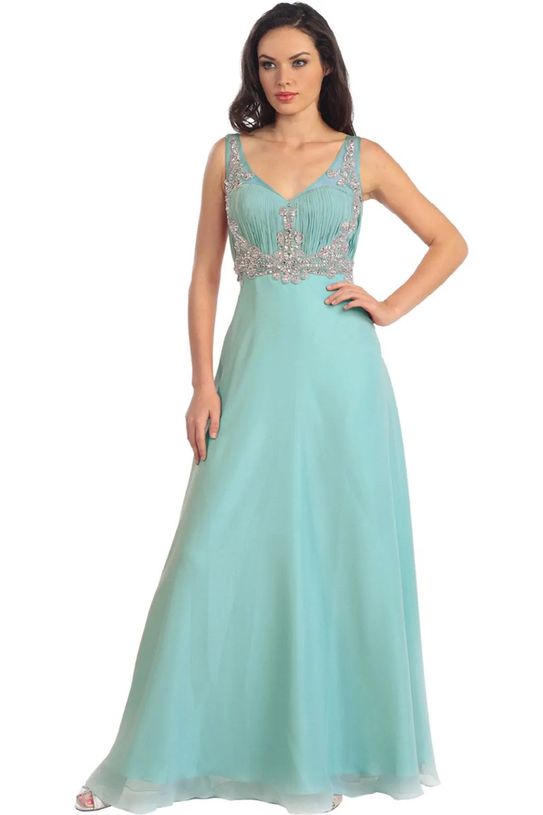 V-Neck Chiffon Long Dress with Beaded Sheer Straps by Tux-USA
