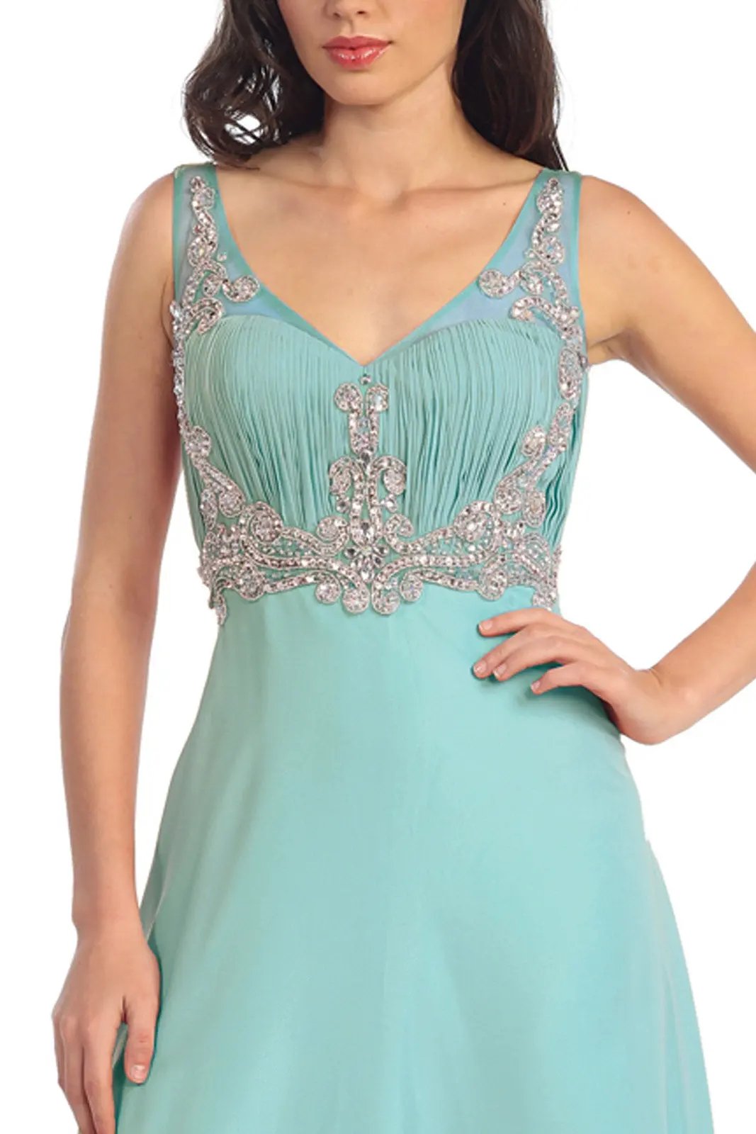V-Neck Chiffon Long Dress with Beaded Sheer Straps by Tux-USA