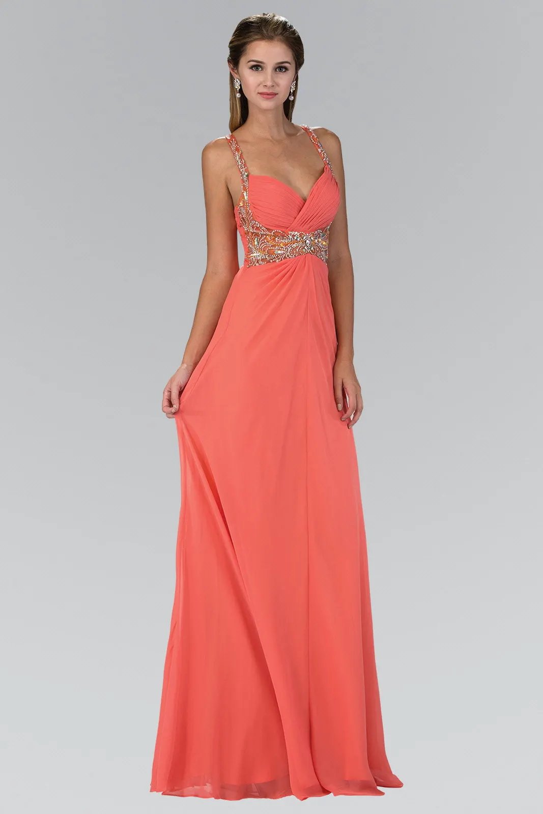 Jewel Embellished Chiffon Long Dress with Ruched Bodice by Tux-USA