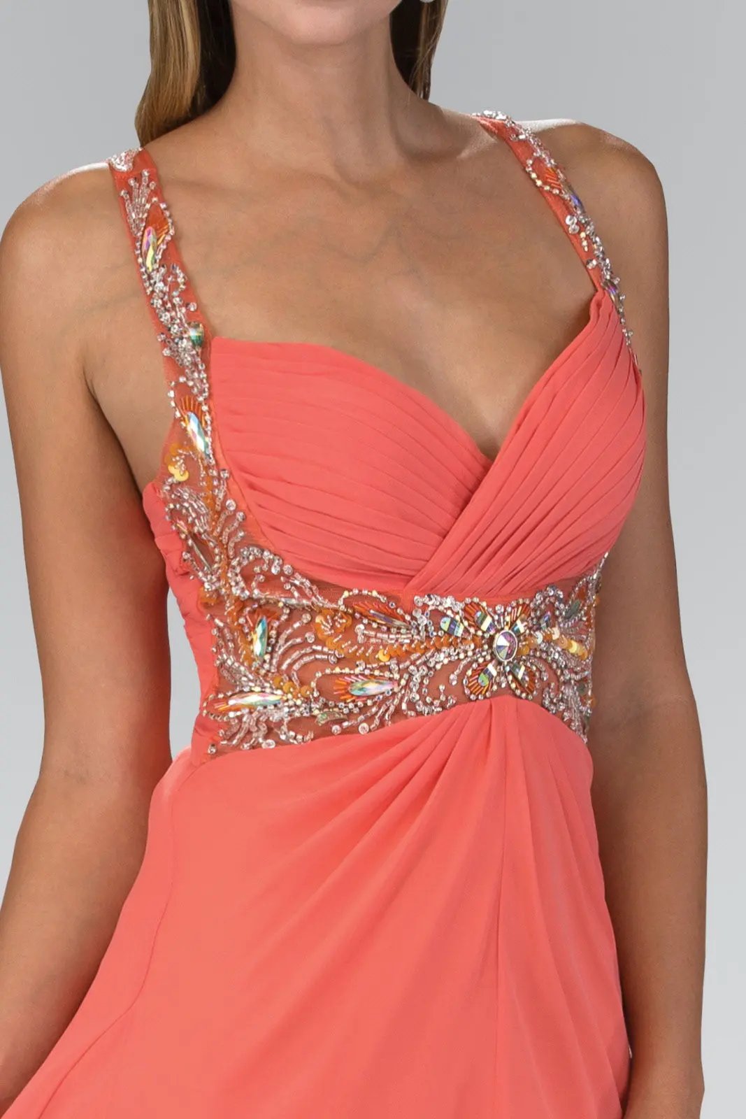 Jewel Embellished Chiffon Long Dress with Ruched Bodice by Tux-USA
