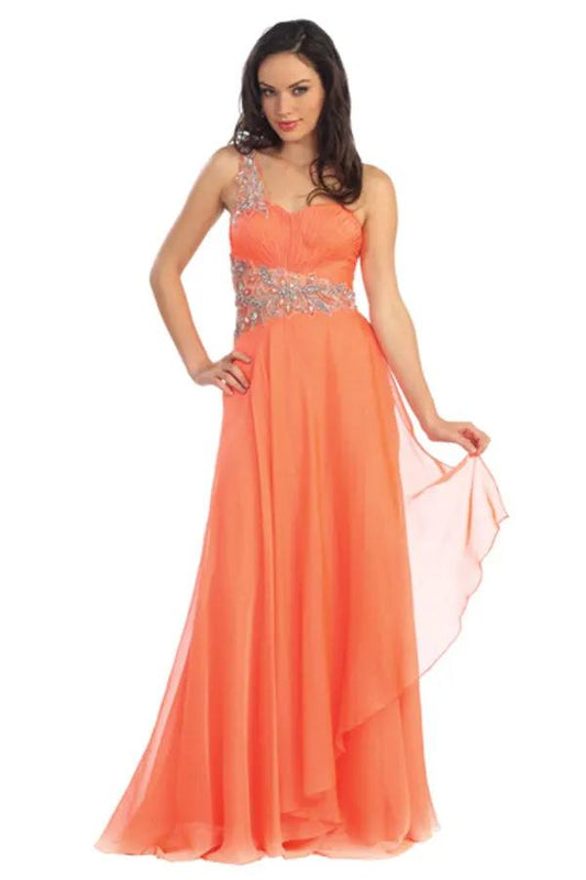 One Shoulder Jewel Embellished Chiffon Long Dress by Tux-USA