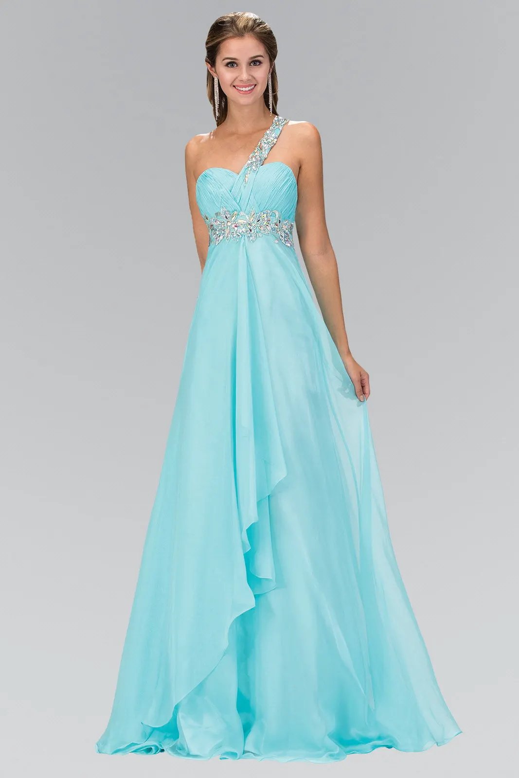 One Shoulder Chiffon Long Dress Accented with Jewel by Tux-USA
