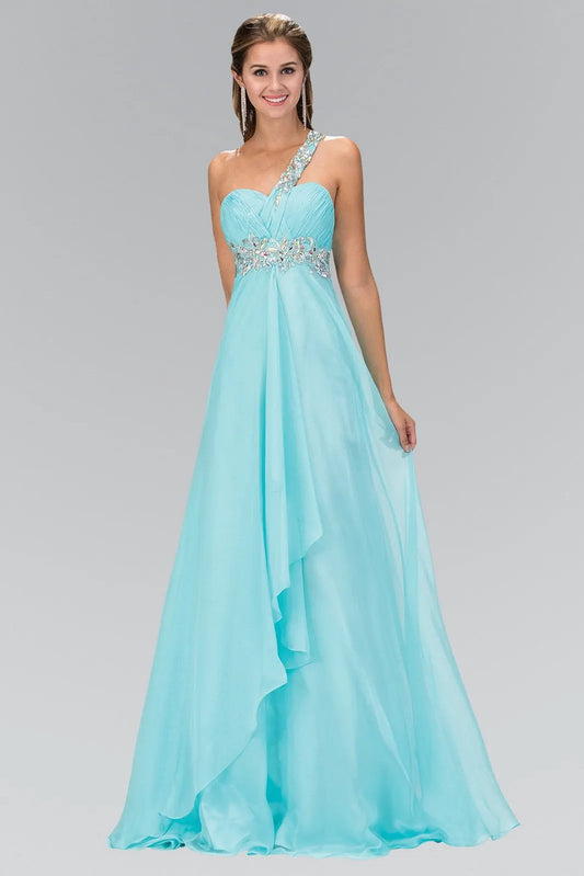 One Shoulder Chiffon Long Dress Accented with Jewel by Tux-USA