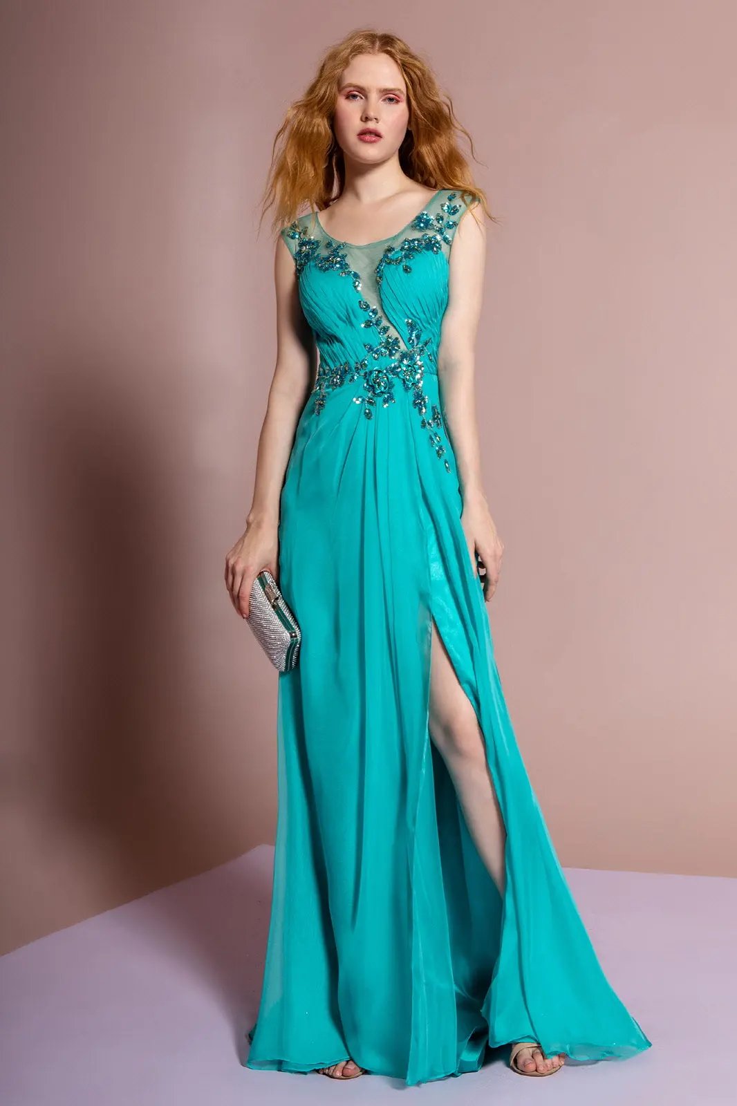 Pleated Long Dress with Side Slit and Jewel Detailing by Tux-USA