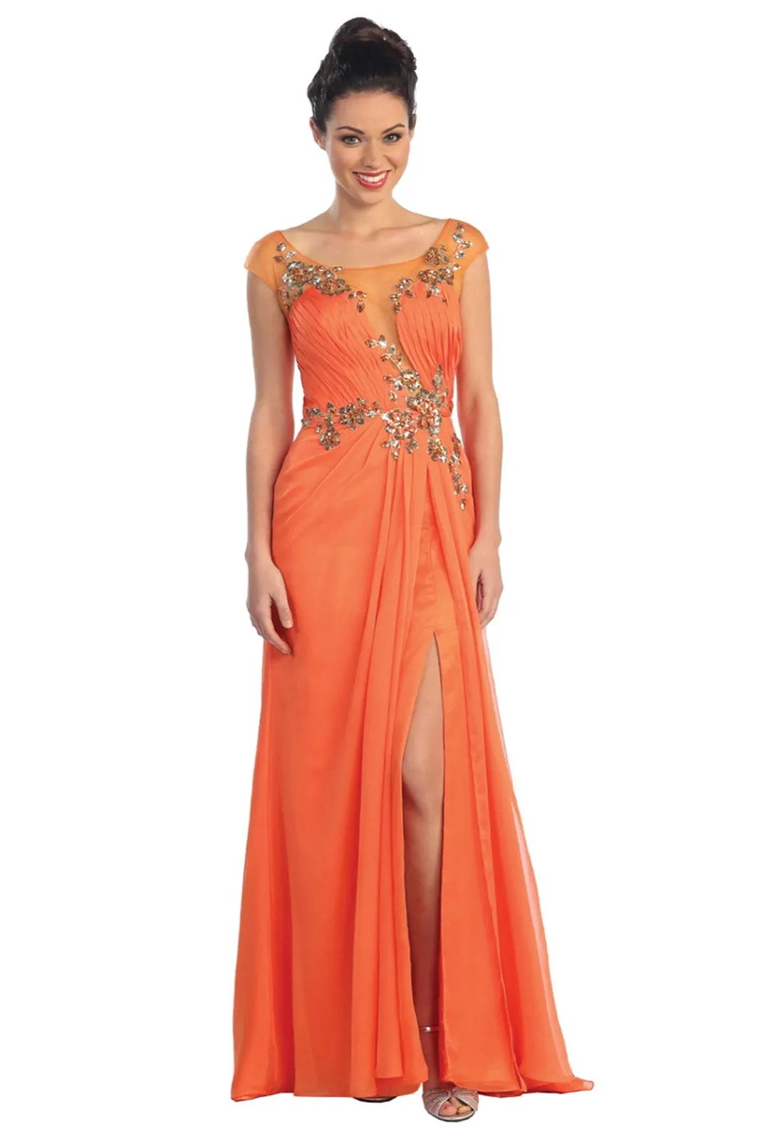 Pleated Long Dress with Side Slit and Jewel Detailing by Tux-USA