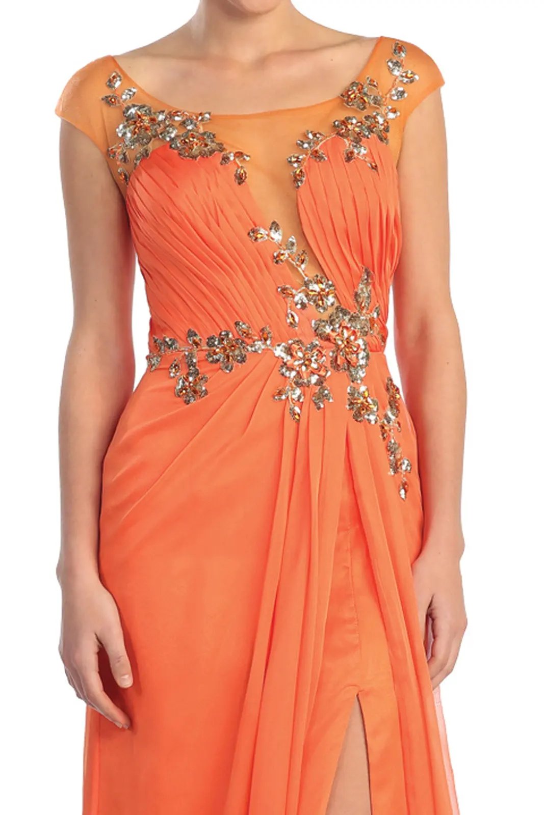 Pleated Long Dress with Side Slit and Jewel Detailing by Tux-USA