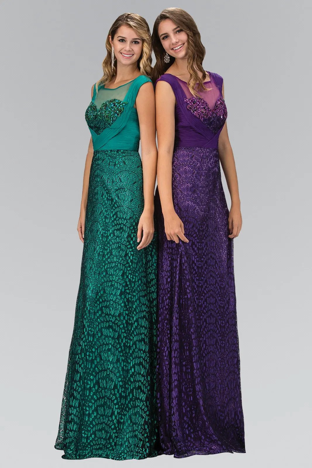 Cap Sleeve Lace Long Dress with Pleated chiffon overlay by Tux-USA