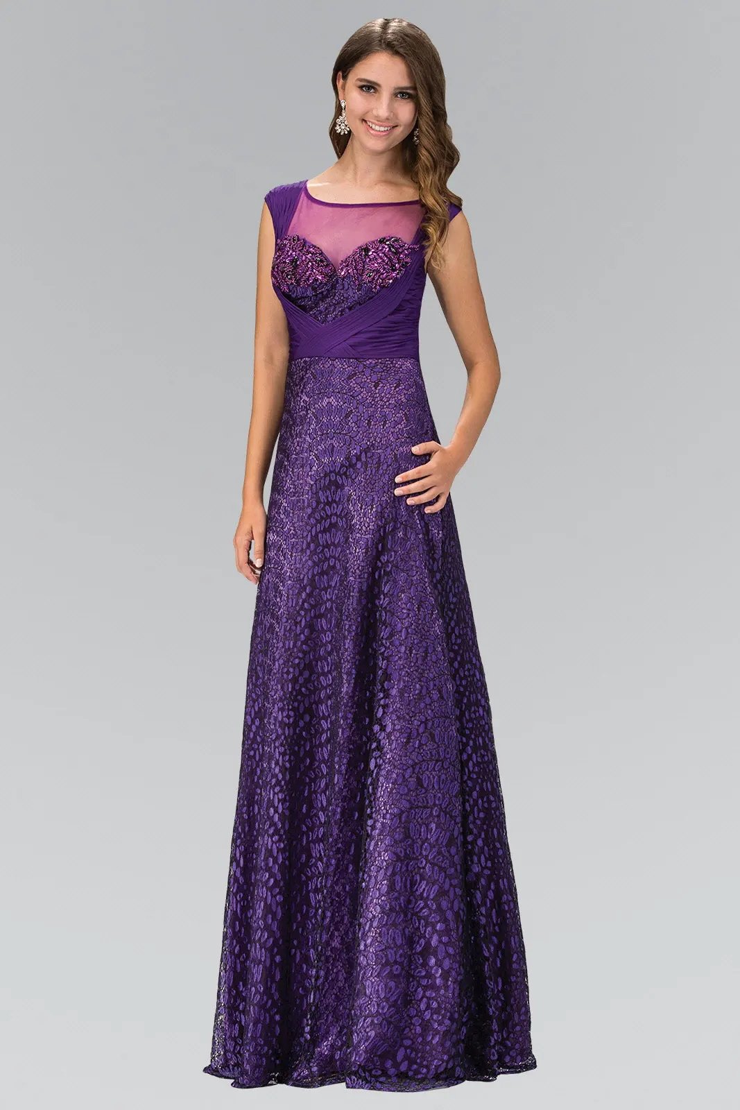 Cap Sleeve Lace Long Dress with Pleated chiffon overlay by Tux-USA