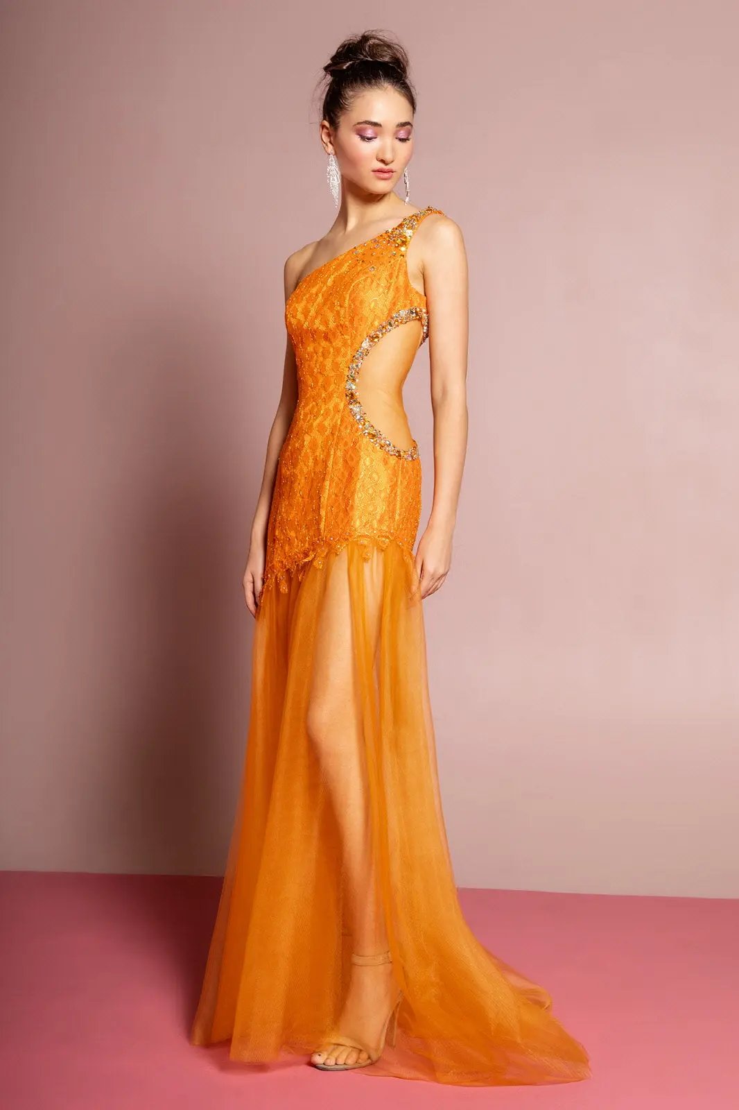 One Shoulder Floor Length Tulle Skirt with Lace Bodice and Sheer Waist by Tux-USA