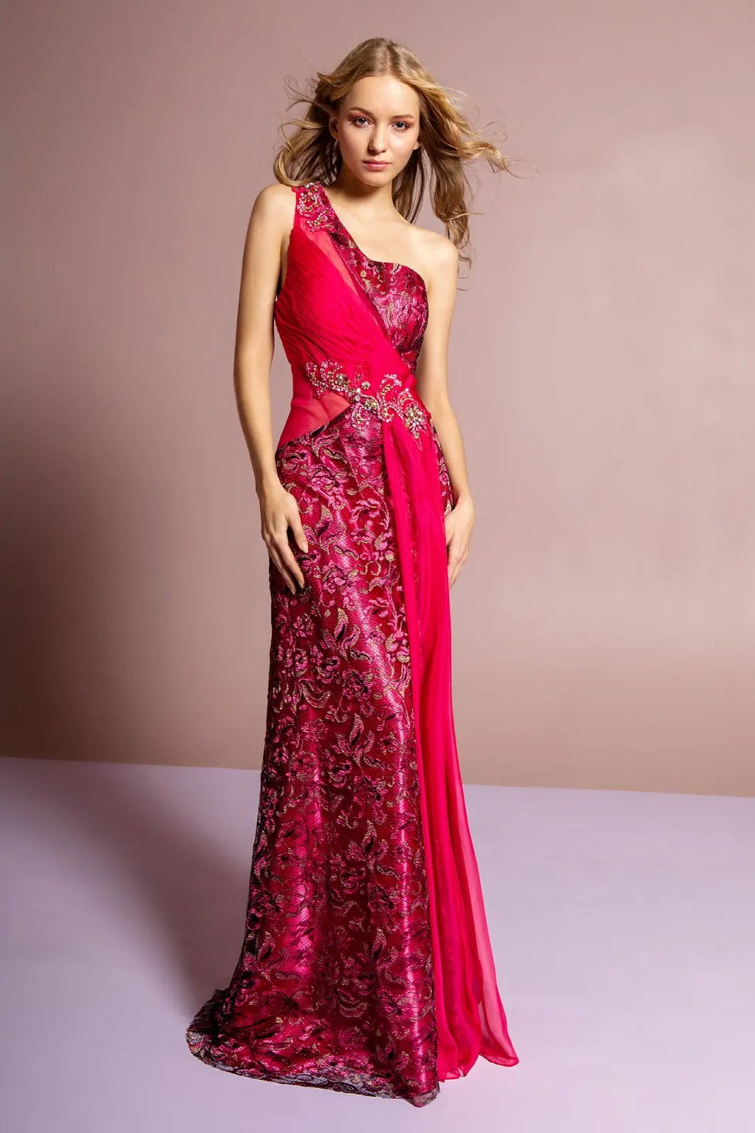 One Shoulder Lace Long Dress with Beaded Waist and Chiffon Overlay by Tux-USA