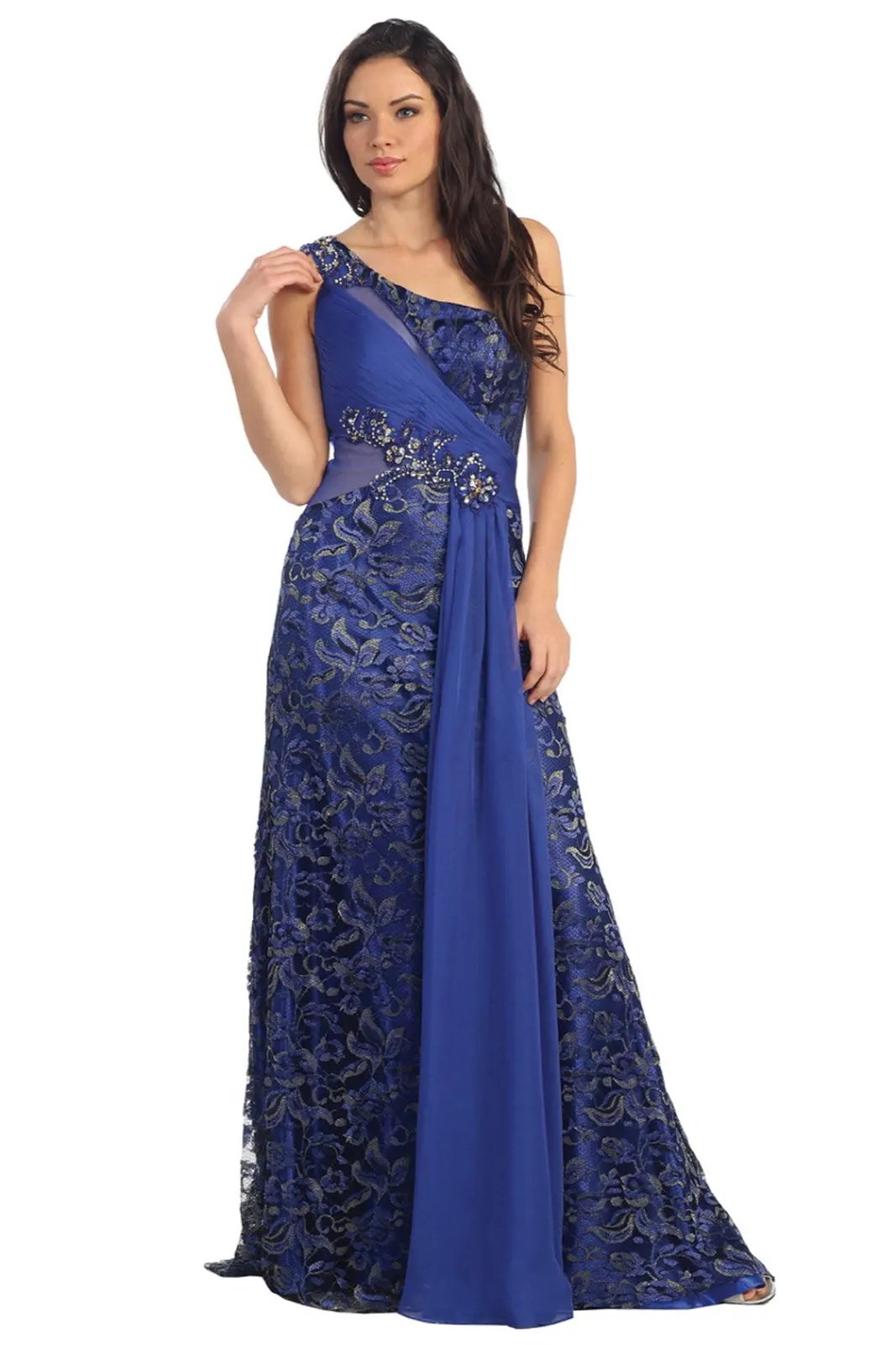 One Shoulder Lace Long Dress with Beaded Waist and Chiffon Overlay by Tux-USA