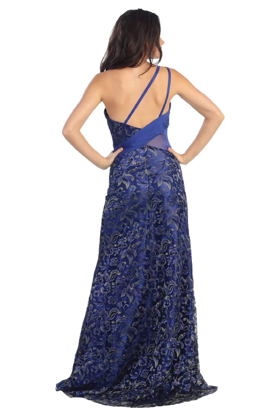 One Shoulder Lace Long Dress with Beaded Waist and Chiffon Overlay by Tux-USA