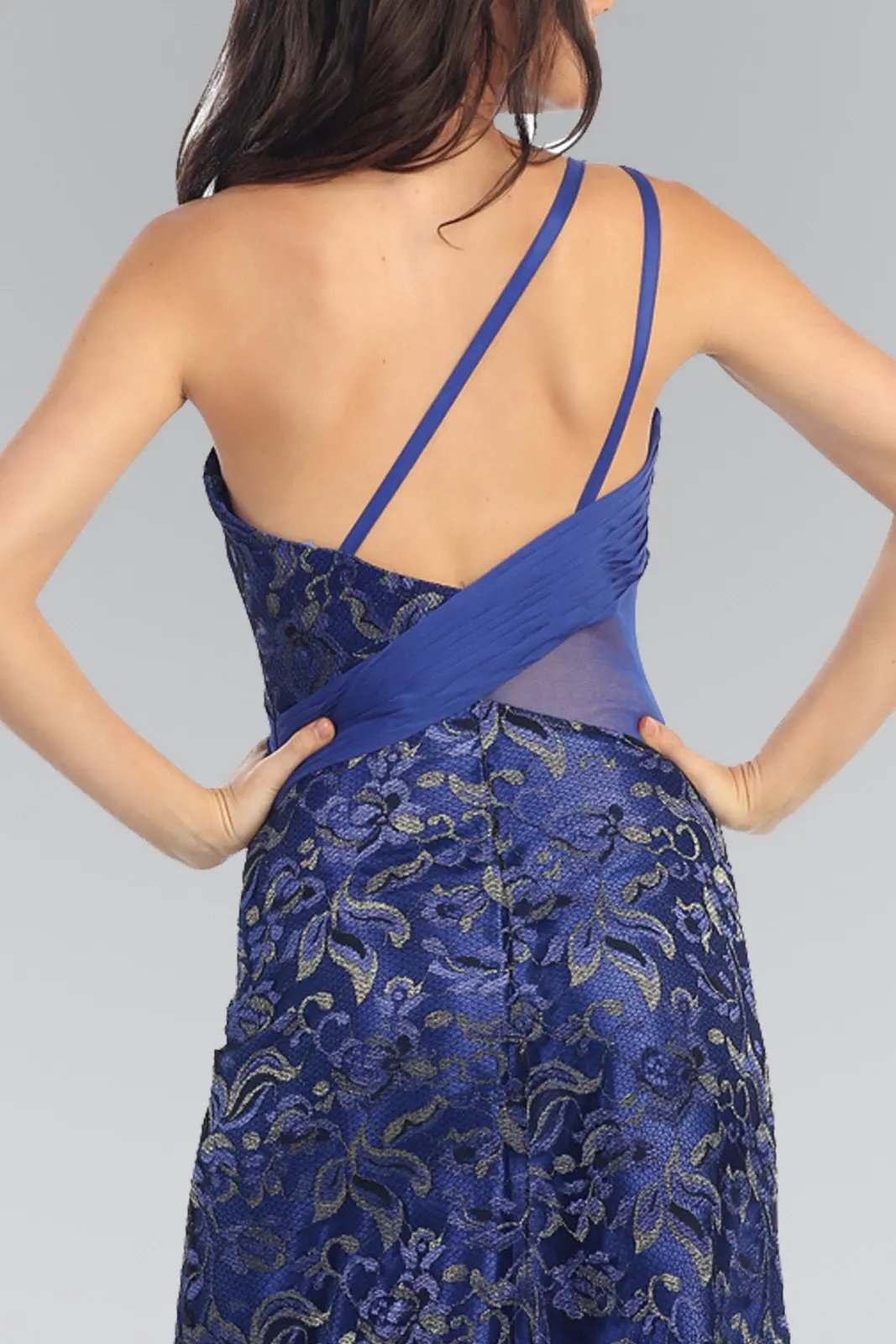 One Shoulder Lace Long Dress with Beaded Waist and Chiffon Overlay by Tux-USA