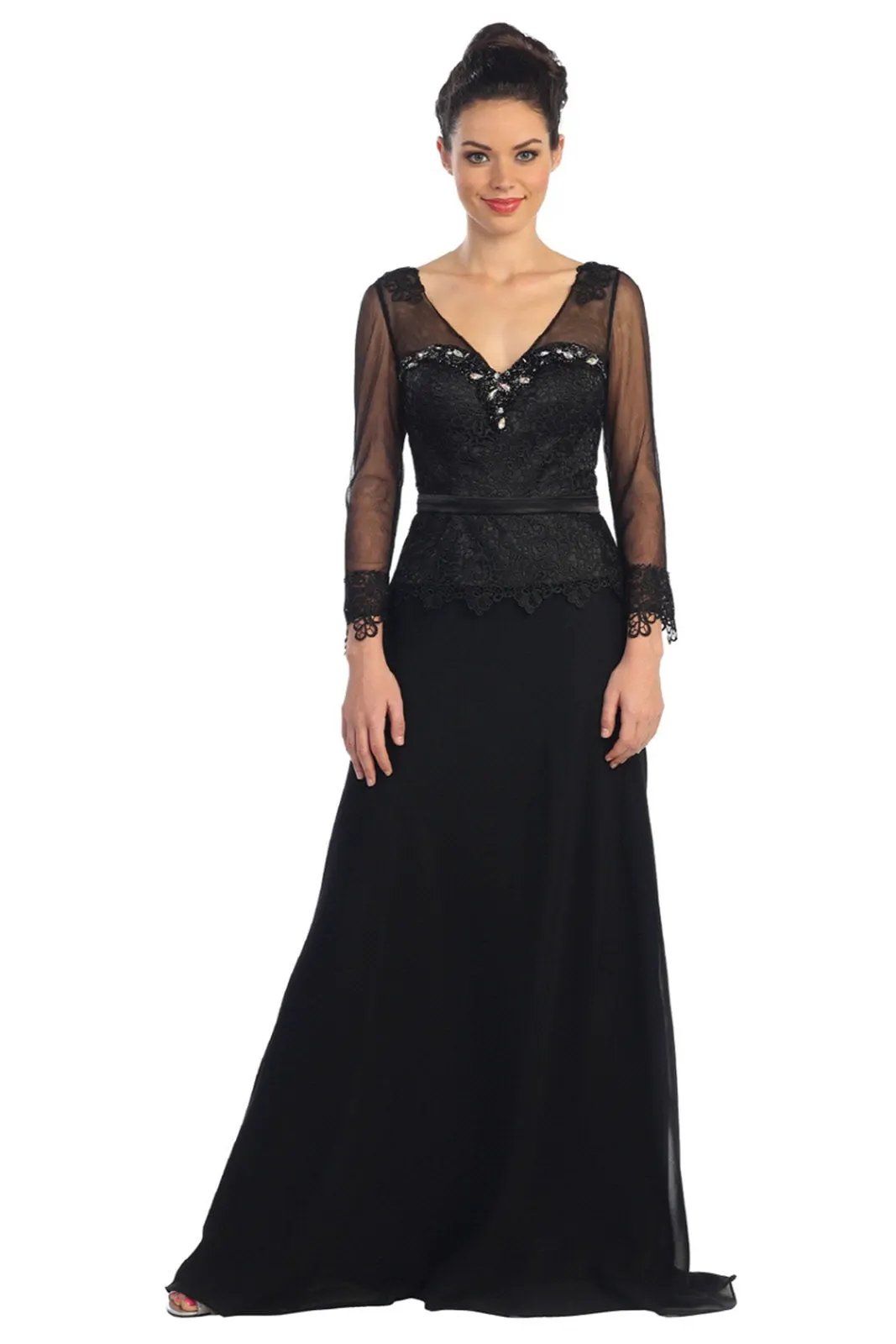 V-Neck Long Sheer Sleeve Chiffon Floor Length Dress with Lace Bodice by Tux-USA