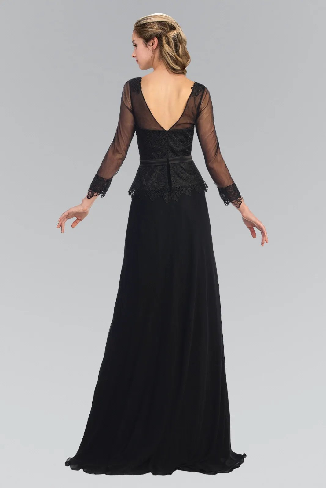 V-Neck Long Sheer Sleeve Chiffon Floor Length Dress with Lace Bodice by Tux-USA