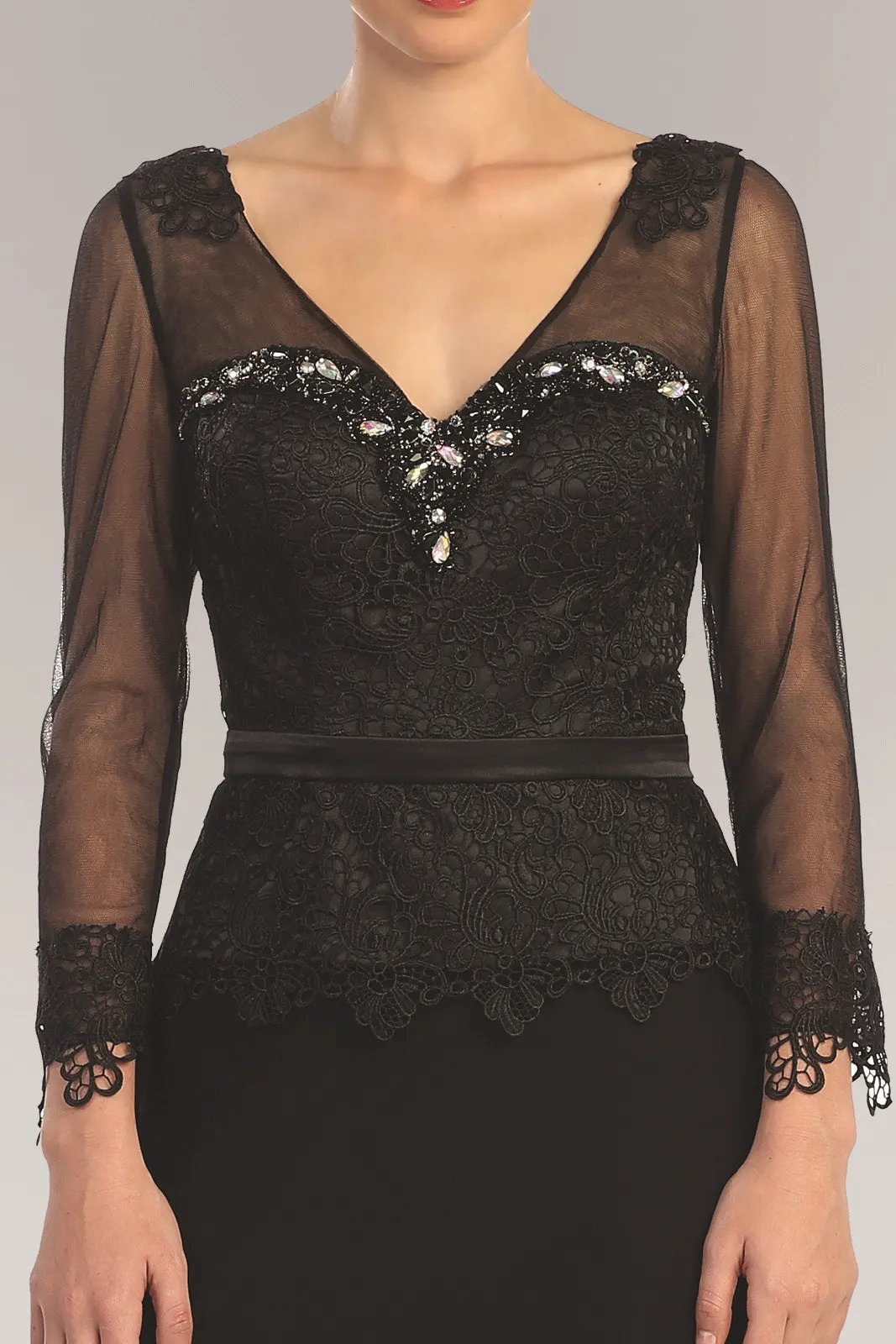 V-Neck Long Sheer Sleeve Chiffon Floor Length Dress with Lace Bodice by Tux-USA