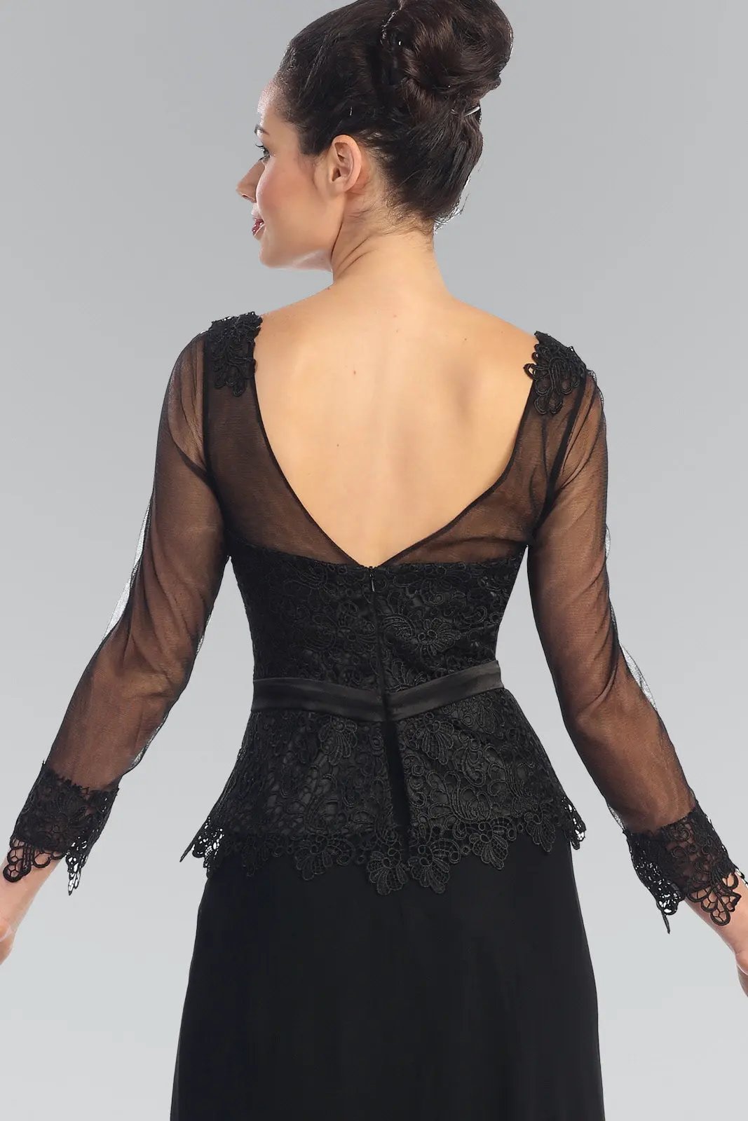 V-Neck Long Sheer Sleeve Chiffon Floor Length Dress with Lace Bodice by Tux-USA