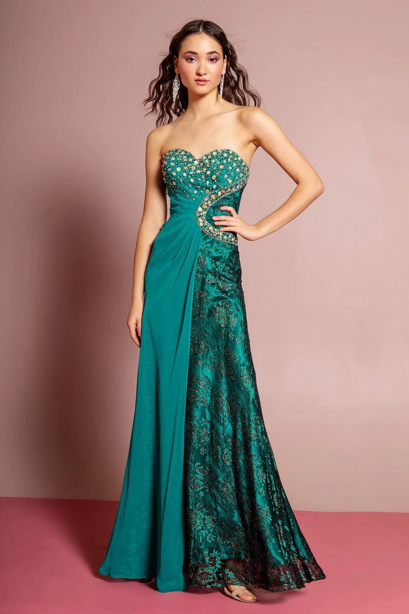Strapless Sweetheart Lace Long Dress with Jeweled Bodice by Tux-USA