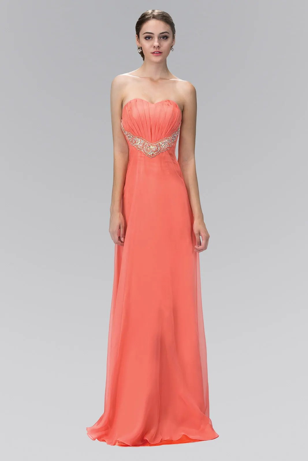 Strapless Sweetheart Chiffon Long Dress with Pleated Bodice and Bead Detailing by Tux-USA