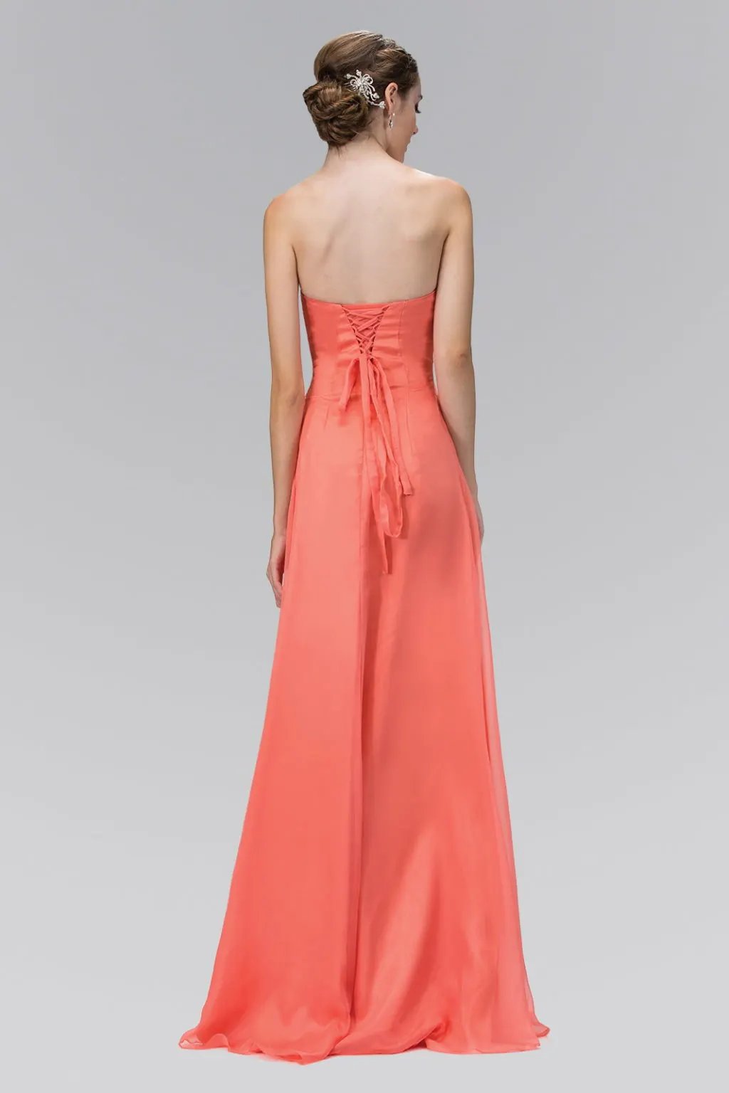 Strapless Sweetheart Chiffon Long Dress with Pleated Bodice and Bead Detailing by Tux-USA