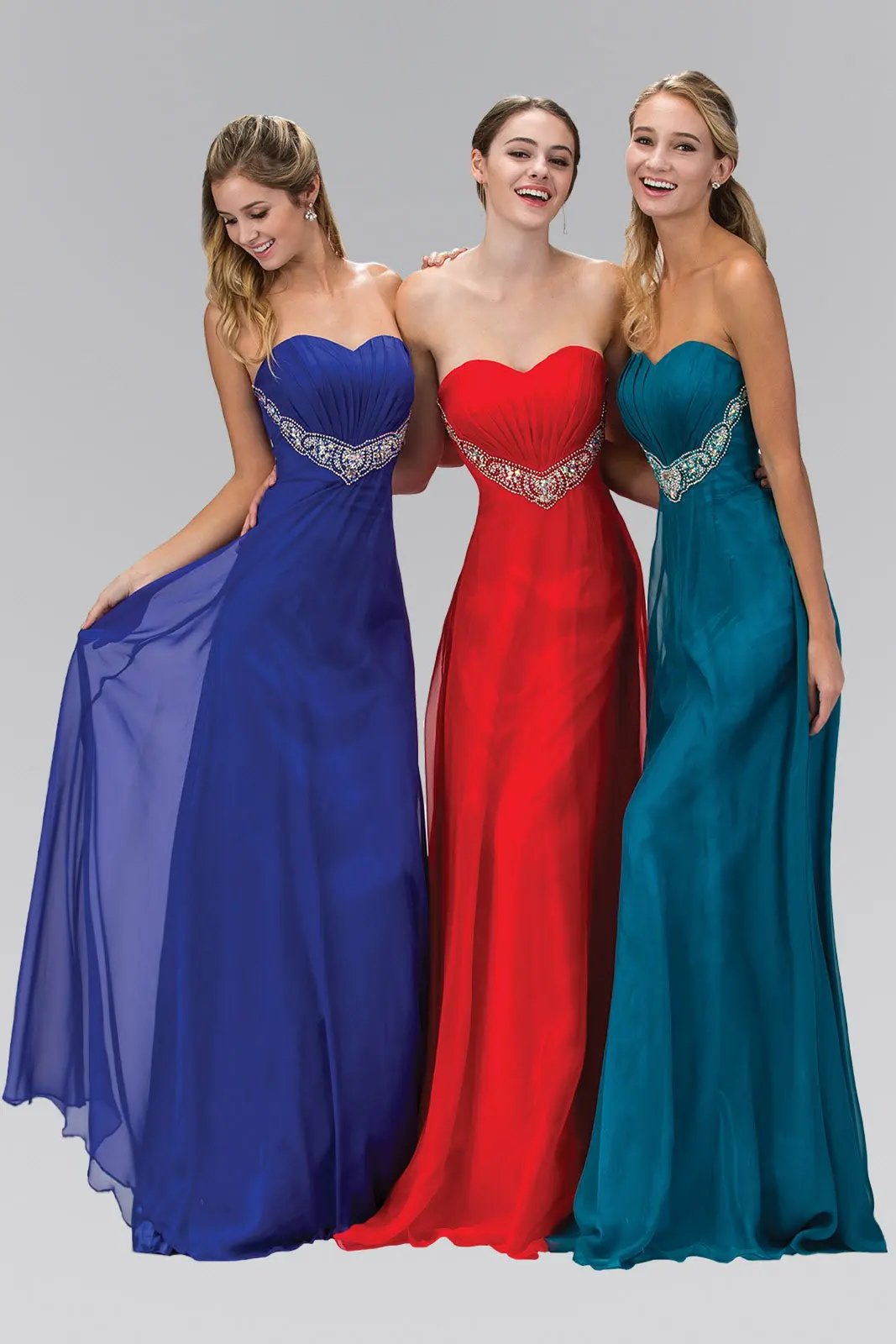 Strapless Sweetheart Chiffon Long Dress with Pleated Bodice and Bead Detailing by Tux-USA