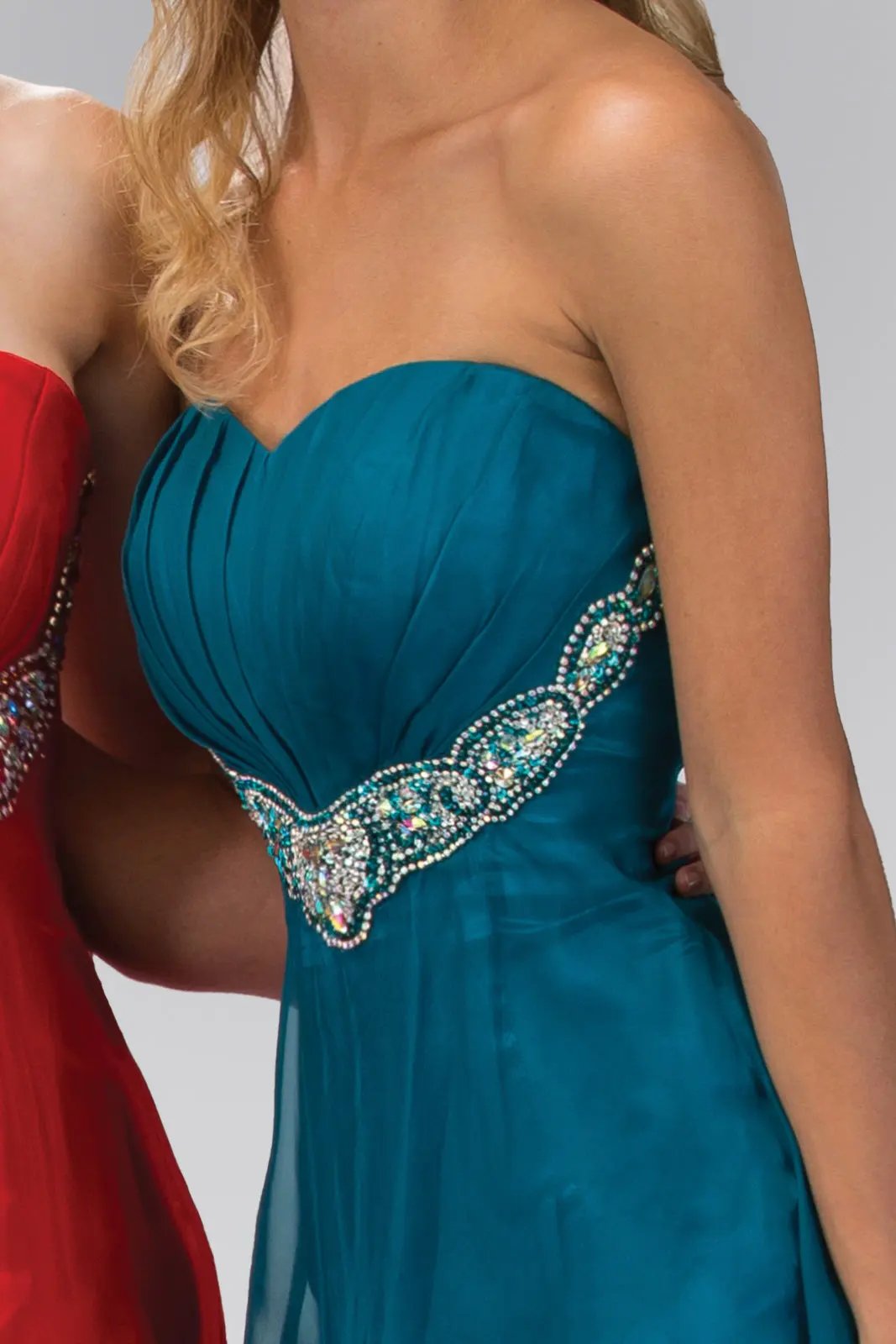 Strapless Sweetheart Chiffon Long Dress with Pleated Bodice and Bead Detailing by Tux-USA