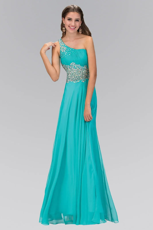 One Shoulder Chiffon Long Dress with Beaded Waistline by Tux-USA