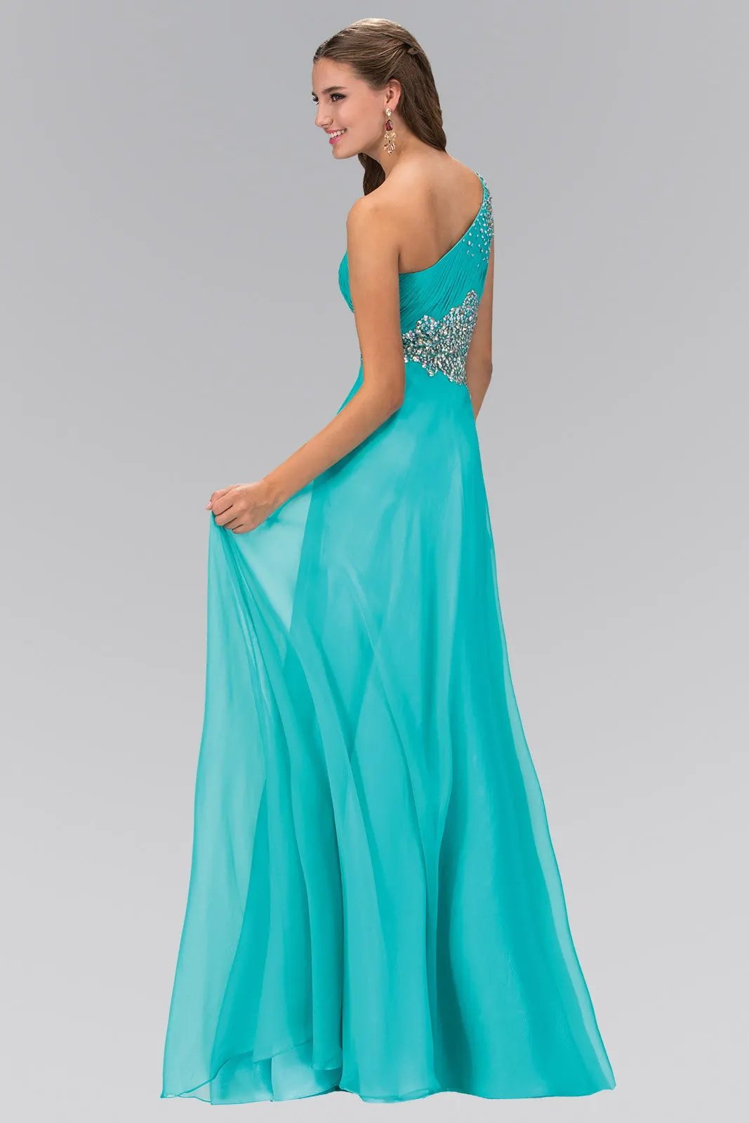 One Shoulder Chiffon Long Dress with Beaded Waistline by Tux-USA