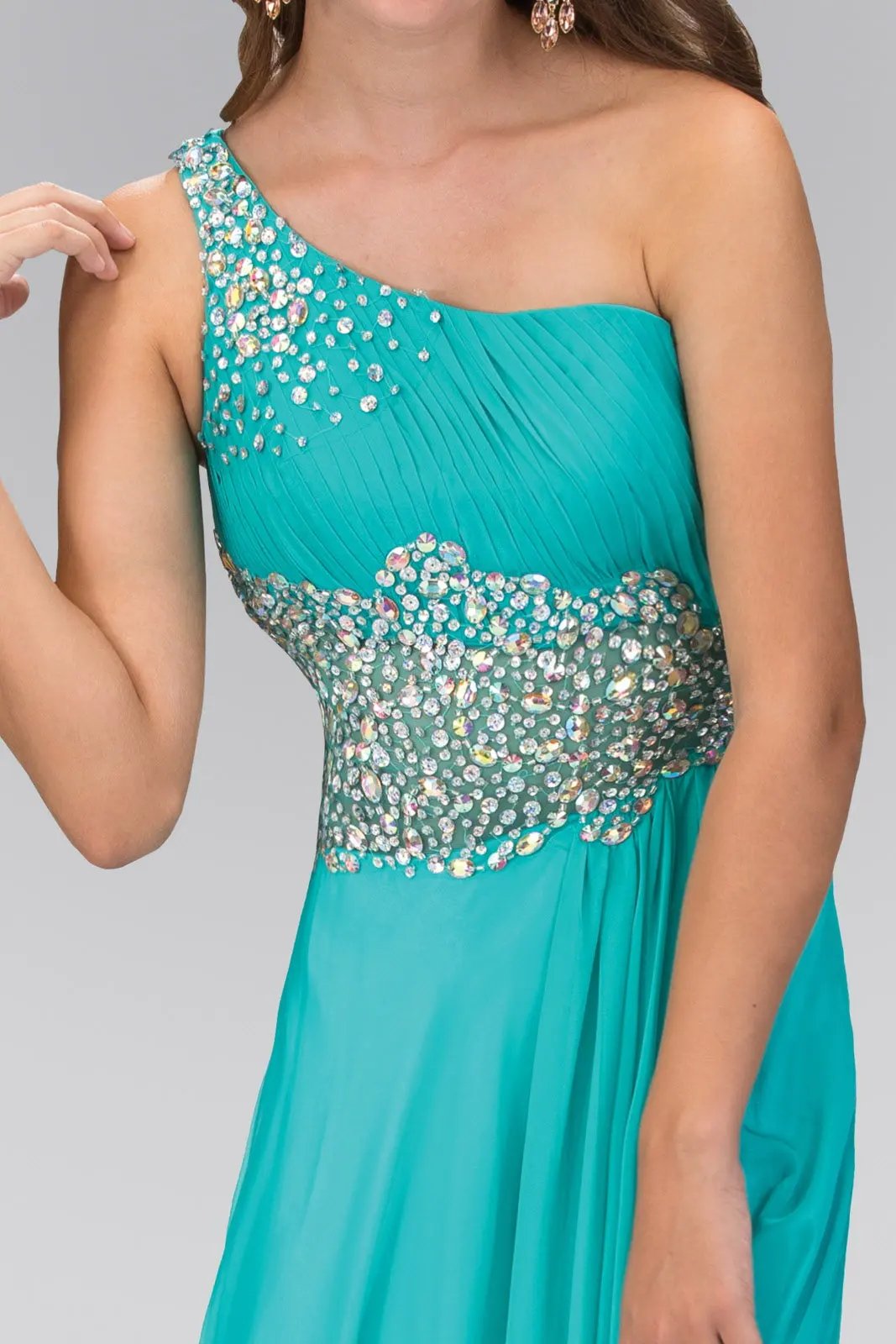 One Shoulder Chiffon Long Dress with Beaded Waistline by Tux-USA