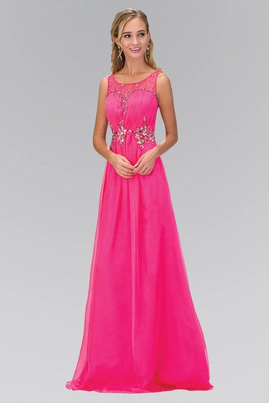 Ruched Bodice Chiffon Long Dress with Jeweled Neckline and Waist by Tux-USA