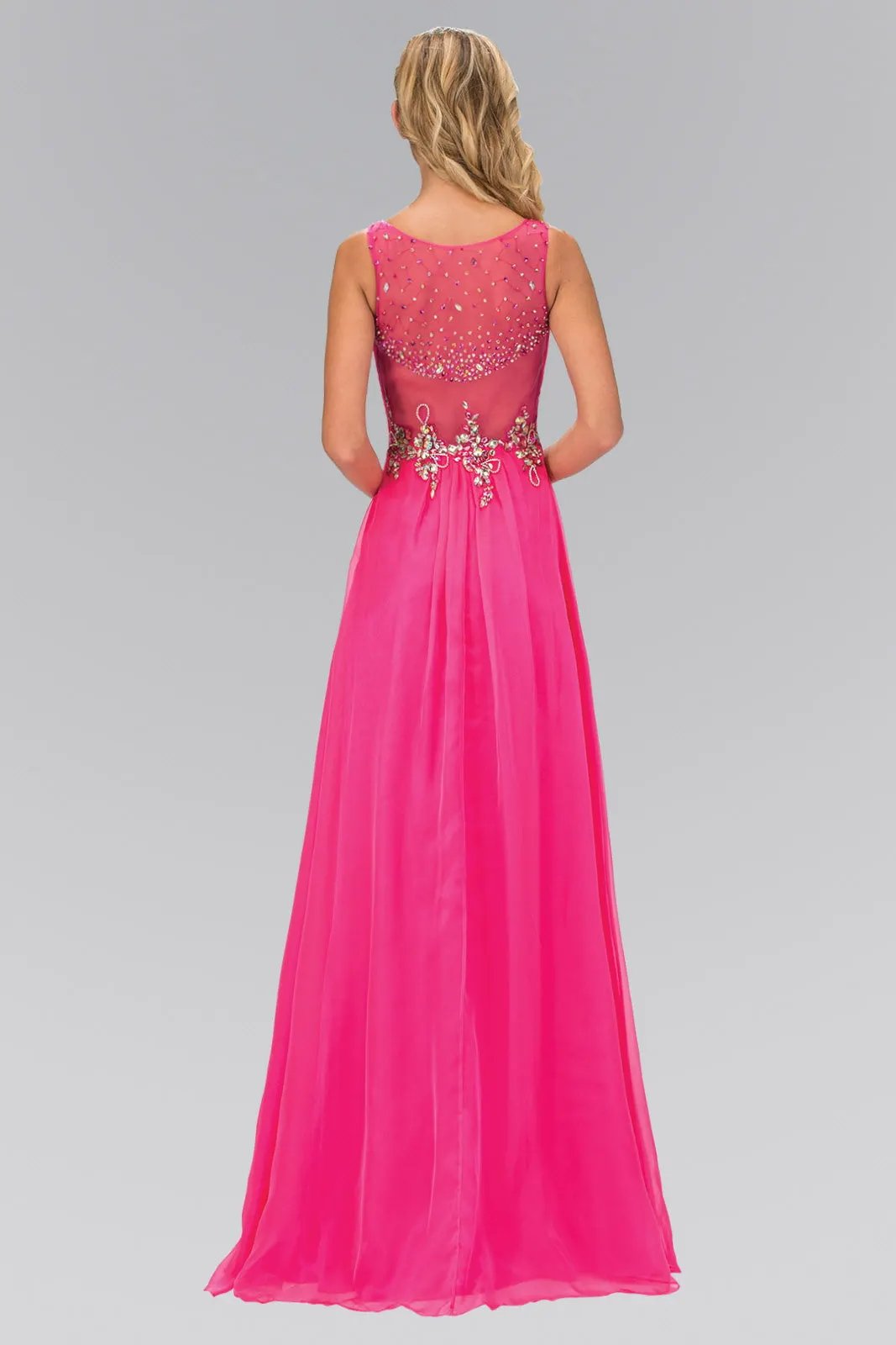 Ruched Bodice Chiffon Long Dress with Jeweled Neckline and Waist by Tux-USA