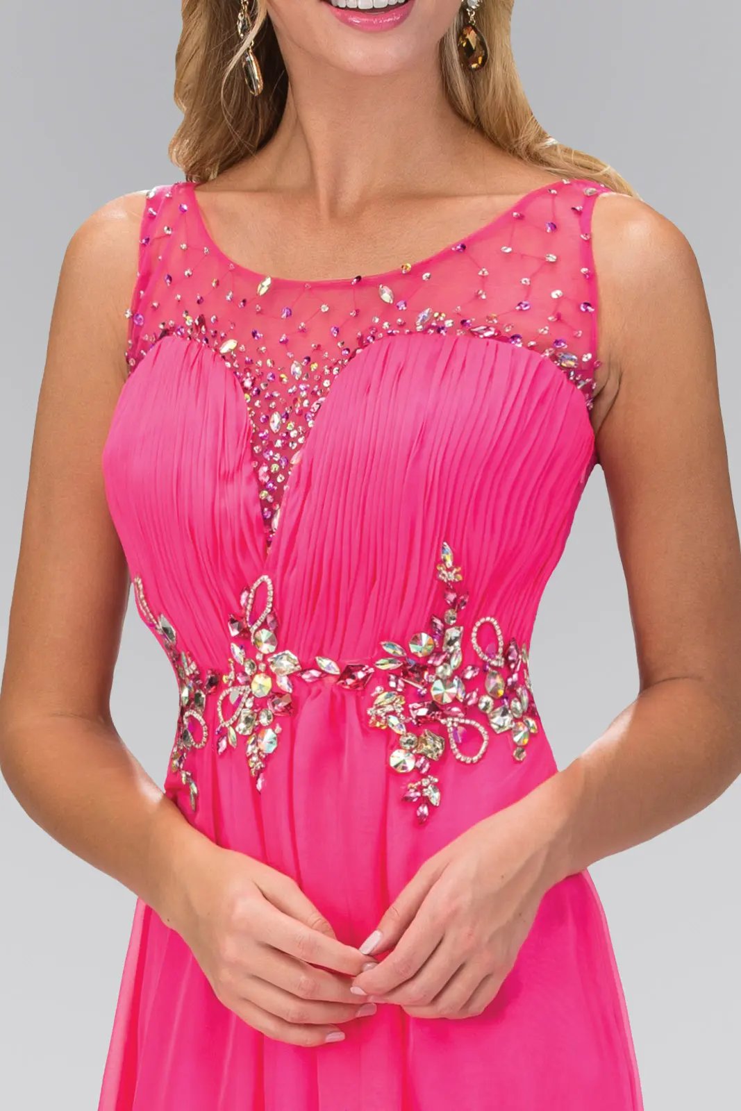 Ruched Bodice Chiffon Long Dress with Jeweled Neckline and Waist by Tux-USA