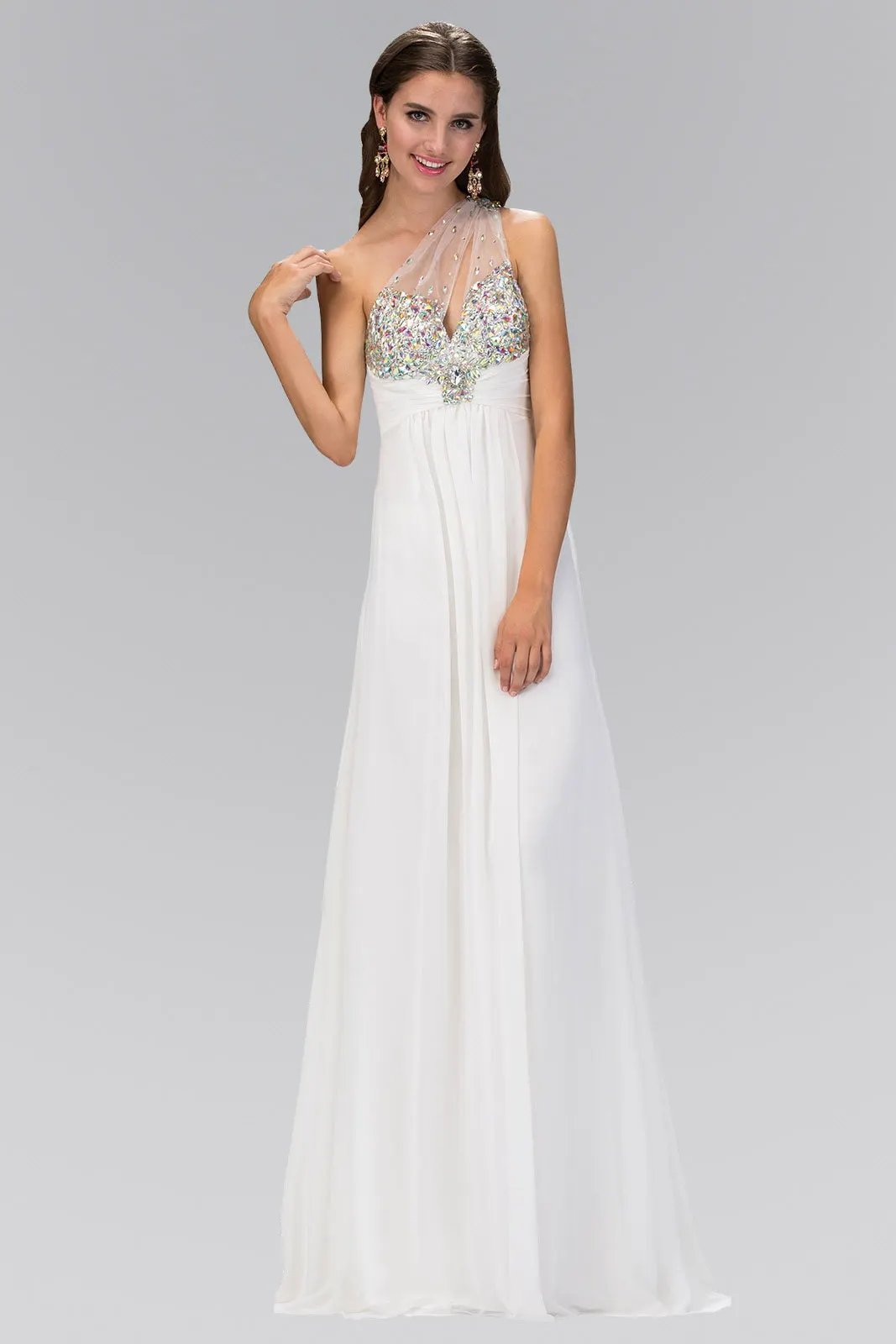 One Shoulder Chiffon Long Dress with Jewel Embellished Bodice and Ruched Waistline by Tux-USA
