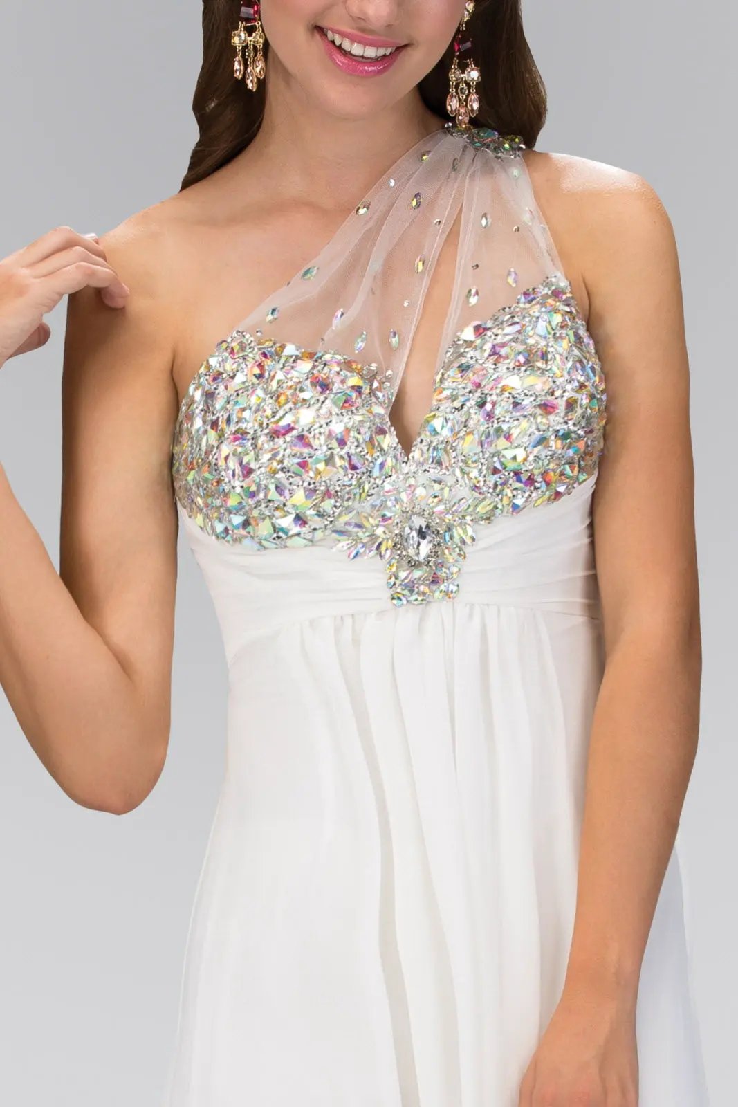 One Shoulder Chiffon Long Dress with Jewel Embellished Bodice and Ruched Waistline by Tux-USA