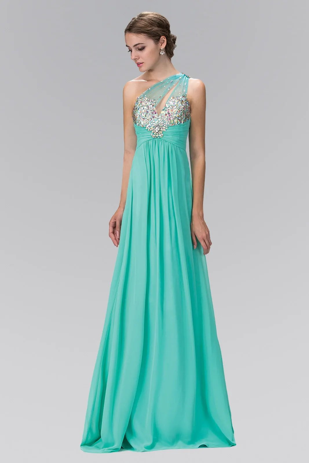 One Shoulder Chiffon Long Dress with Jewel Embellished Bodice and Ruched Waistline by Tux-USA