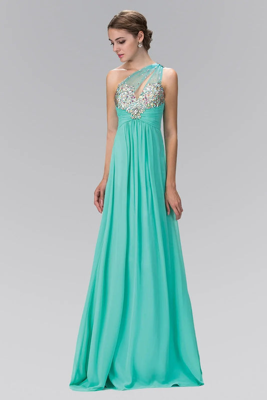 One Shoulder Chiffon Long Dress with Jewel Embellished Bodice and Ruched Waistline by Tux-USA