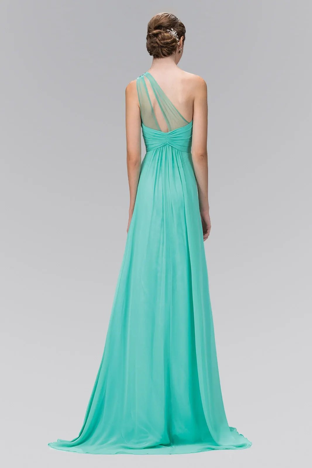 One Shoulder Chiffon Long Dress with Jewel Embellished Bodice and Ruched Waistline by Tux-USA