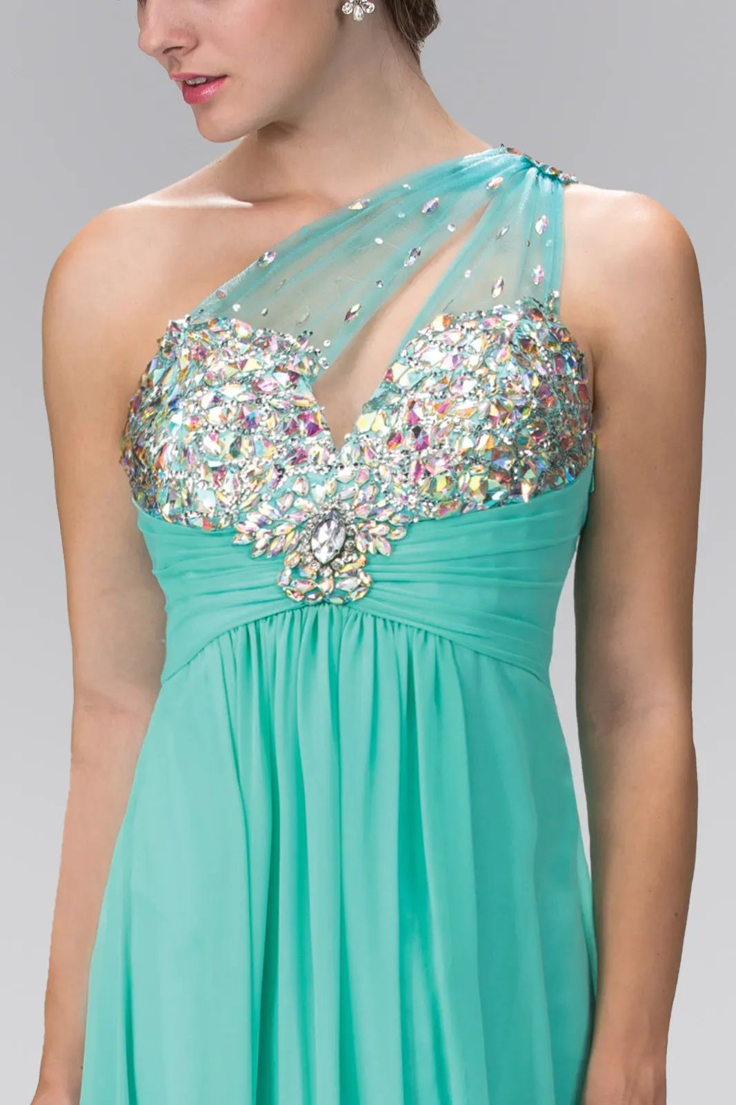 One Shoulder Chiffon Long Dress with Jewel Embellished Bodice and Ruched Waistline by Tux-USA