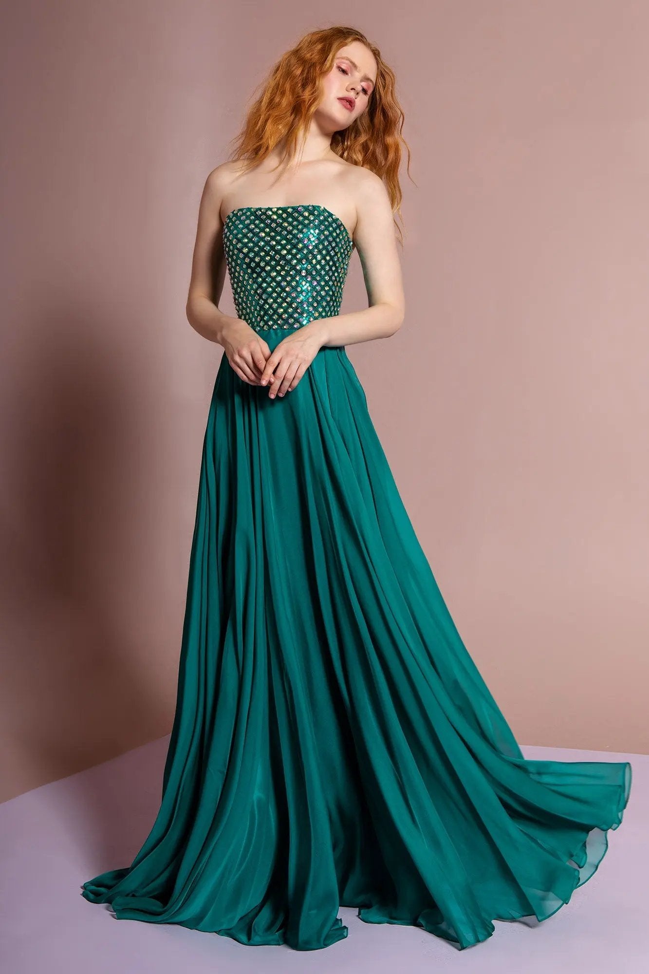 Strapless Chiffon Floor Length Dress Accented with Jewel by Tux-USA