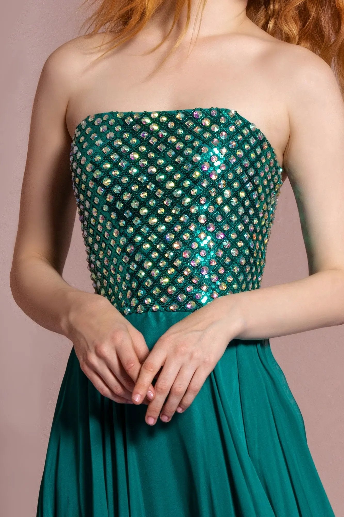 Strapless Chiffon Floor Length Dress Accented with Jewel by Tux-USA