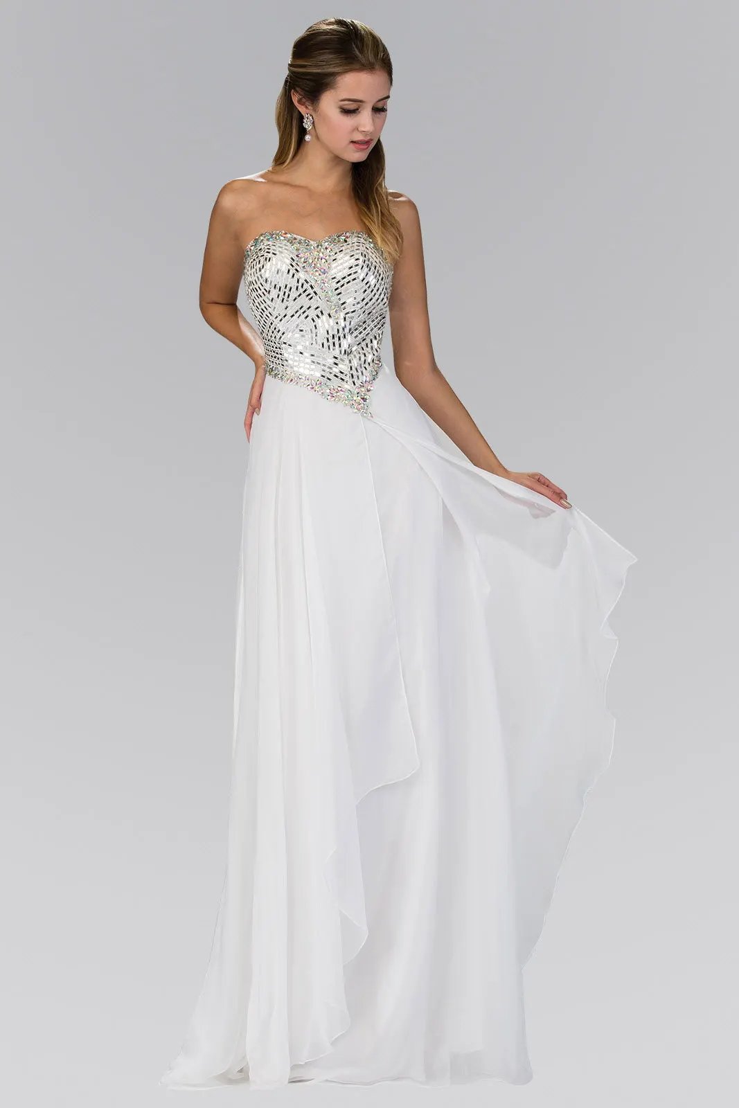 Strapless Chiffon Floor Length Dress with Jeweled Bodice by Tux-USA