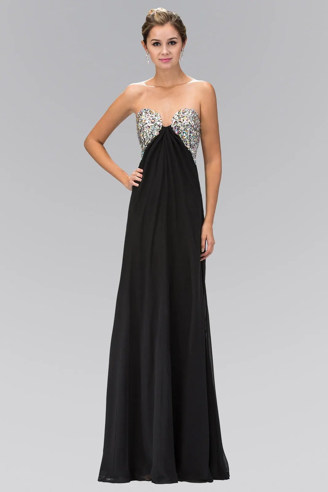 Strapless Open Back Chiffon Long Dress with Jewel Embellished Bust by Tux-USA