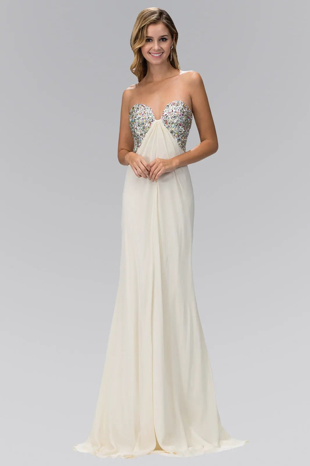 Strapless Open Back Chiffon Long Dress with Jewel Embellished Bust by Tux-USA