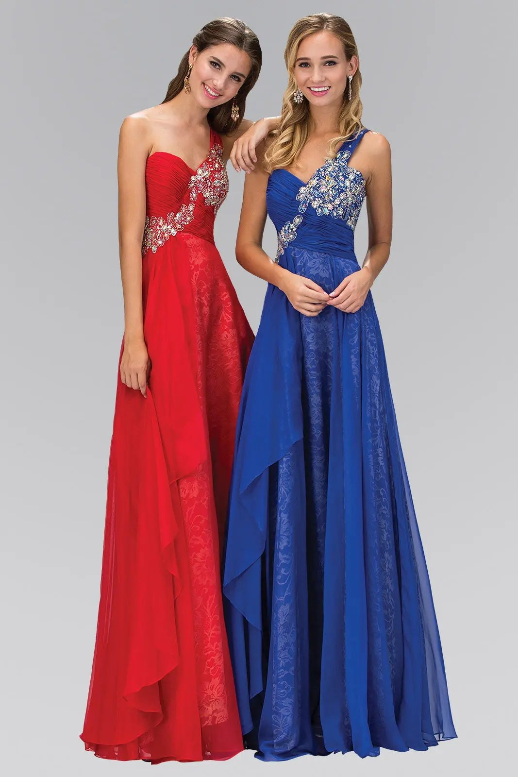 One Shoulder Lace Long Dress with Chiffon Overlay by Tux-USA