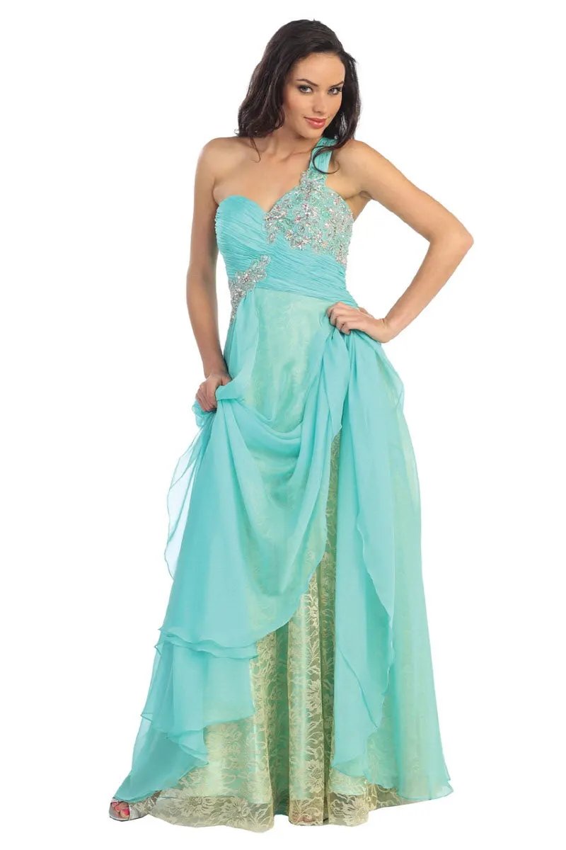 One Shoulder Lace Long Dress with Chiffon Overlay by Tux-USA