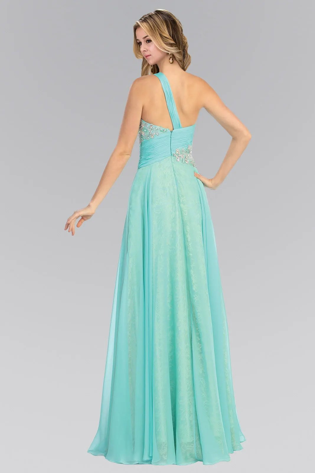 One Shoulder Lace Long Dress with Chiffon Overlay by Tux-USA