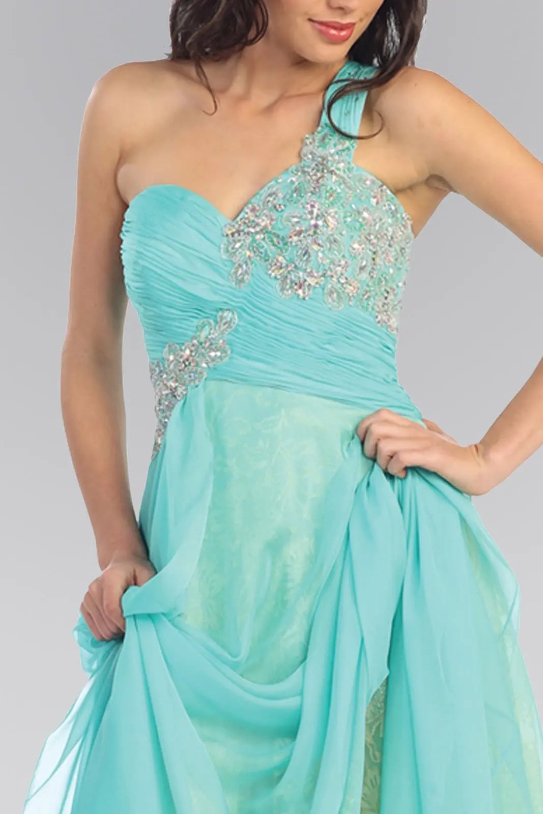 One Shoulder Lace Long Dress with Chiffon Overlay by Tux-USA
