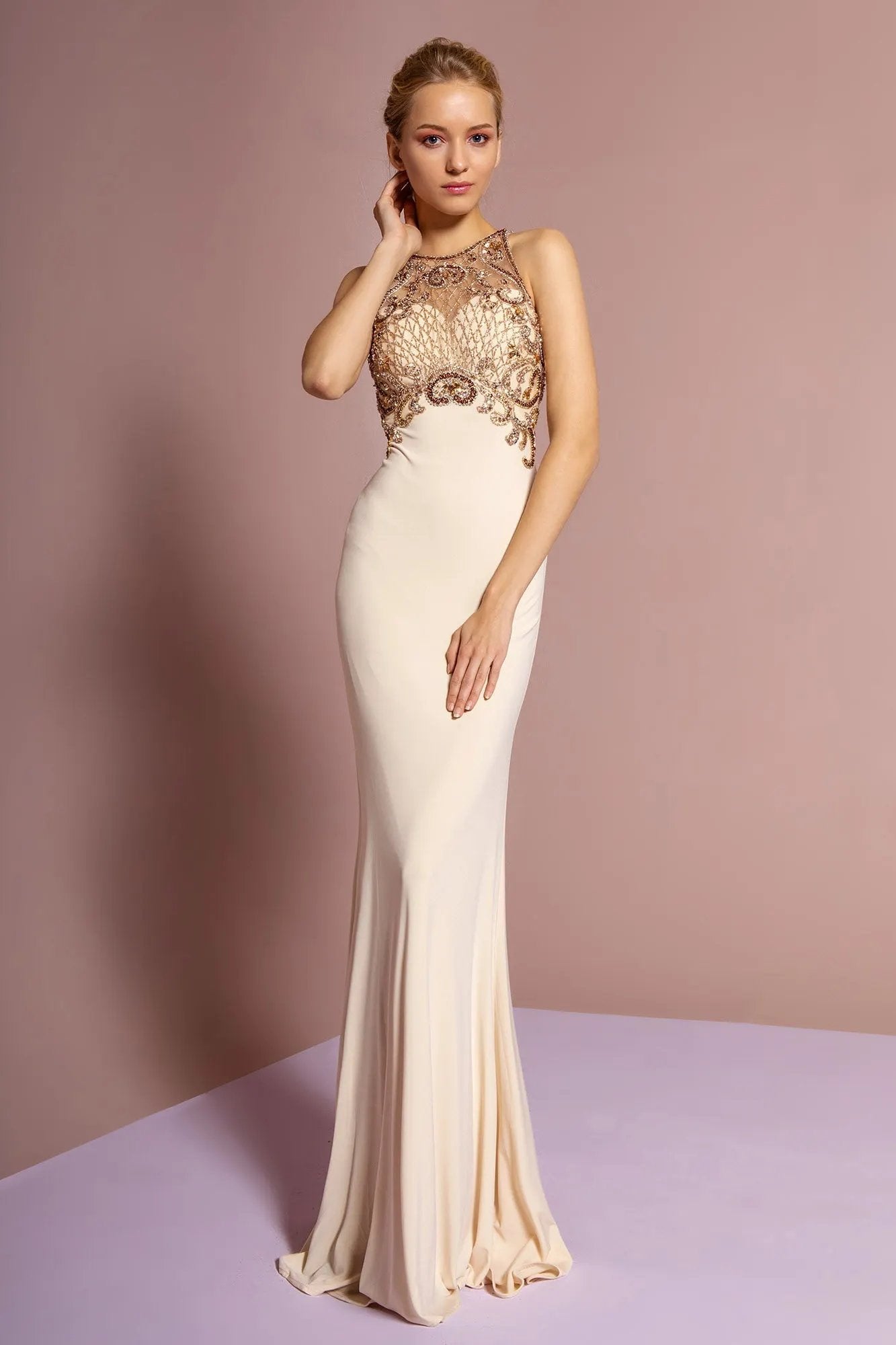 Floor Length Dress with Jewel Embellished Sheer Bodice and Back by Tux-USA