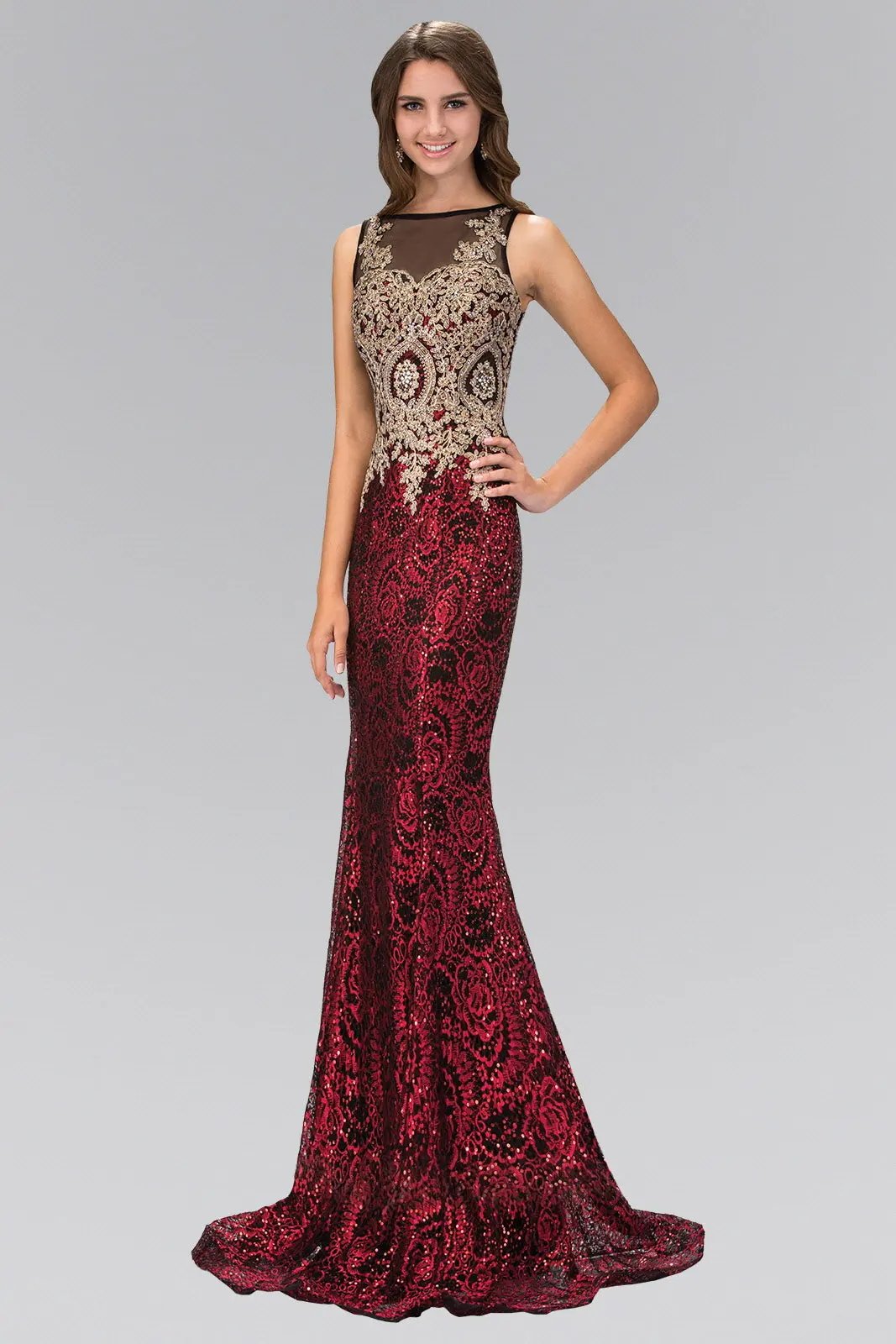 Floor Length Dress with Gold Lace on Bodice and Sequin on Skirt by Tux-USA