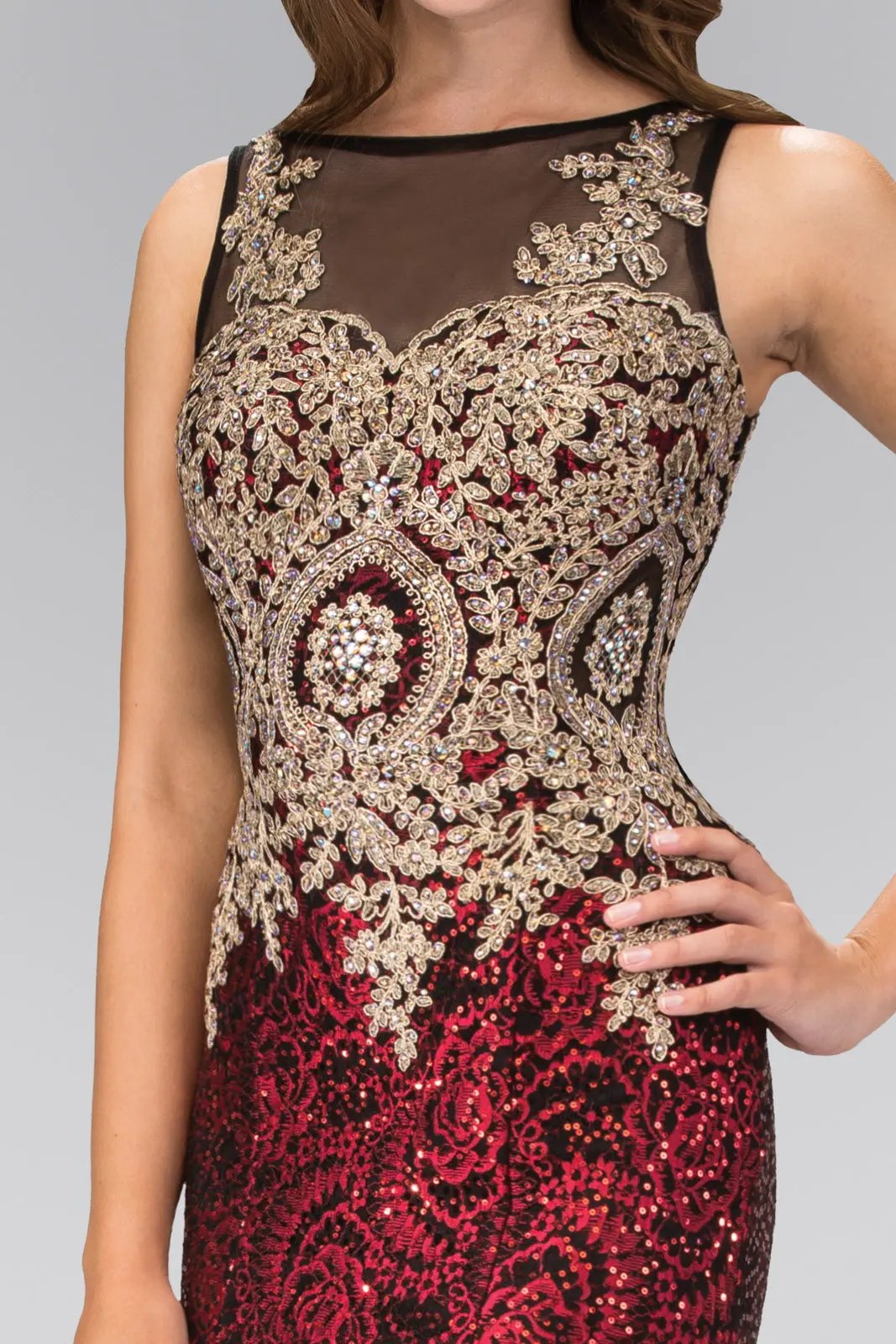 Floor Length Dress with Gold Lace on Bodice and Sequin on Skirt by Tux-USA